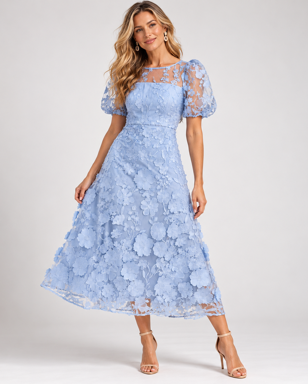 Trellis Lane LIZZIE Puff Sleeve Midi in Sky Blue