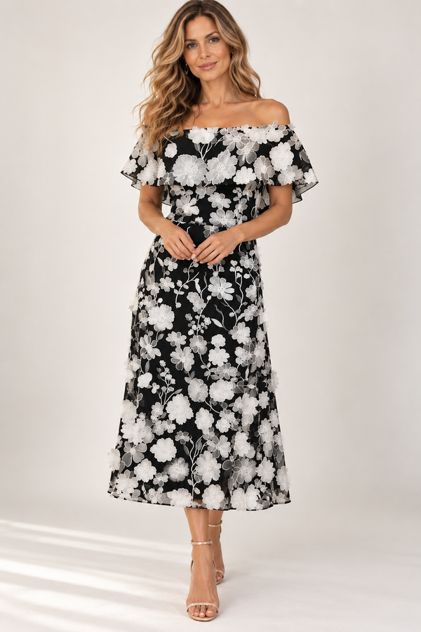 Trellis Lane BENNI Off The Shoulder Dress in Black White