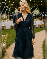 Signature by Joseph Ribkoff Pleated Lace Dress in Midnight 254721