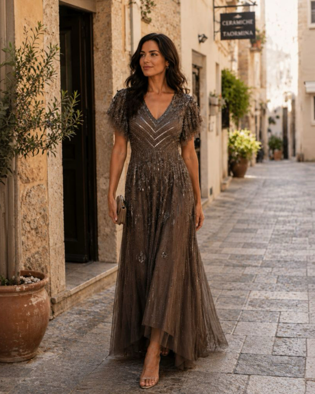 Adrianna Papell 3D Beaded Gown in Lead