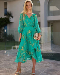 Sacha Drake LORELEI Wrap Midi Dress in Jade Gold Floral