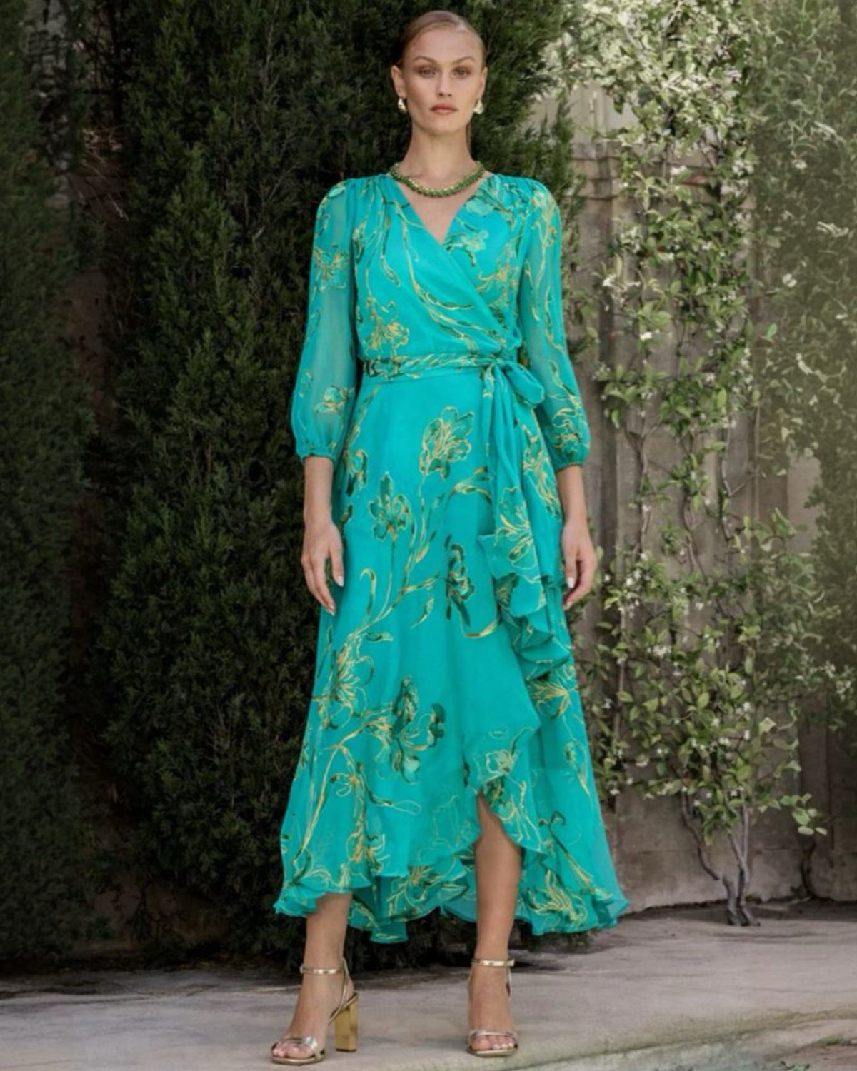Sacha Drake LORELEI Wrap Midi Dress in Jade Gold Floral
