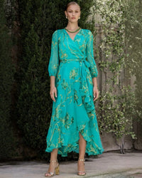 Sacha Drake LORELEI Wrap Midi Dress in Jade Gold Floral