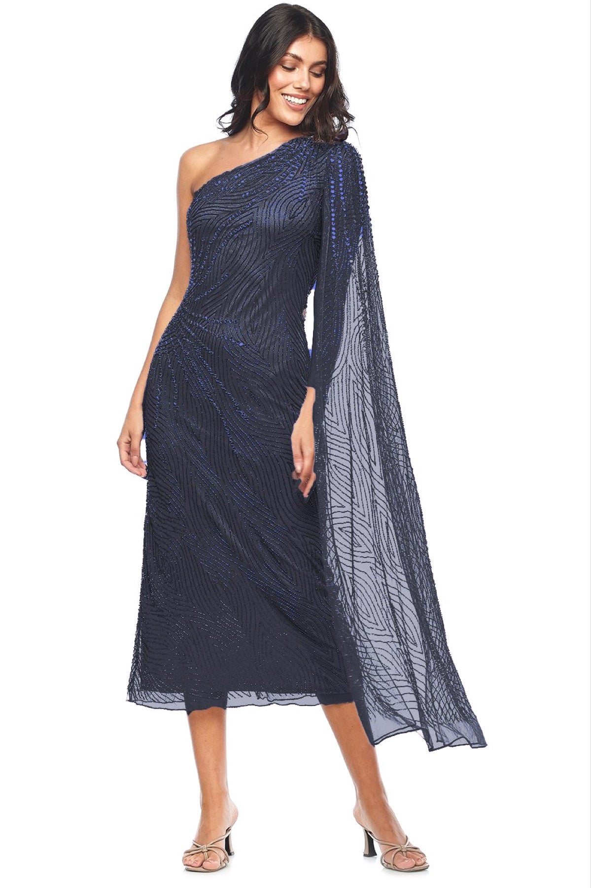 Zaliea One Shoulder Beaded Dress in Midnight Z0297