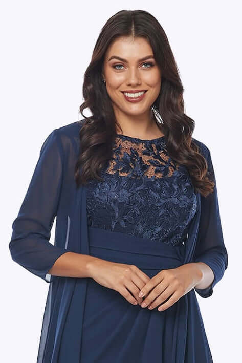 Jesse Harper Lace and Chiffon Drape Dress & Jacket in Midnight JH0541