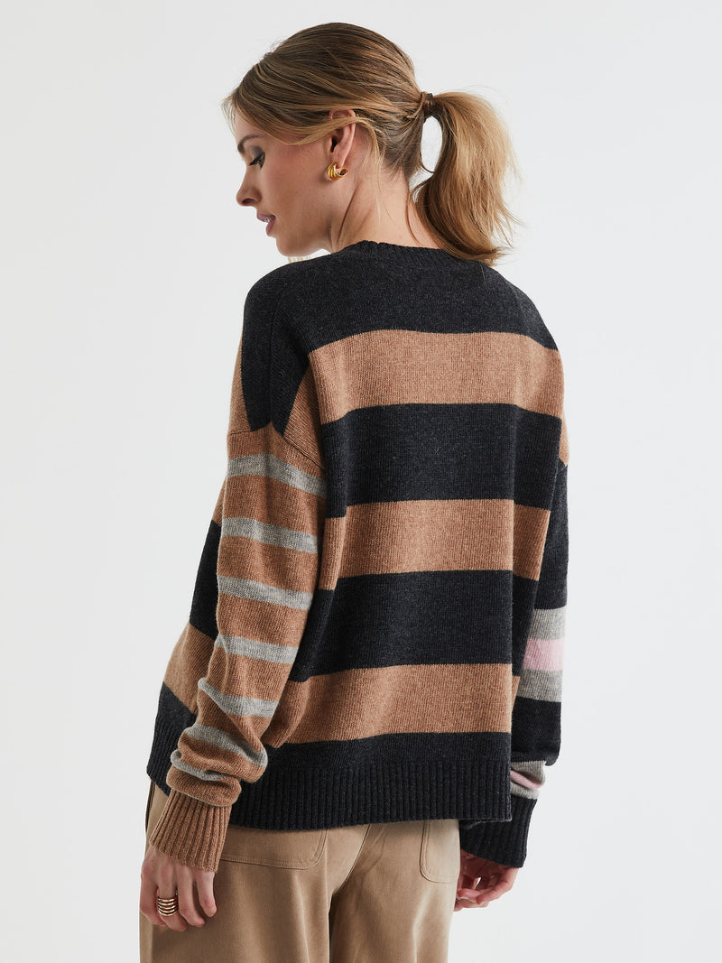 LD & Co Lambswool Striped Crew Jumper in Chocolate Mix