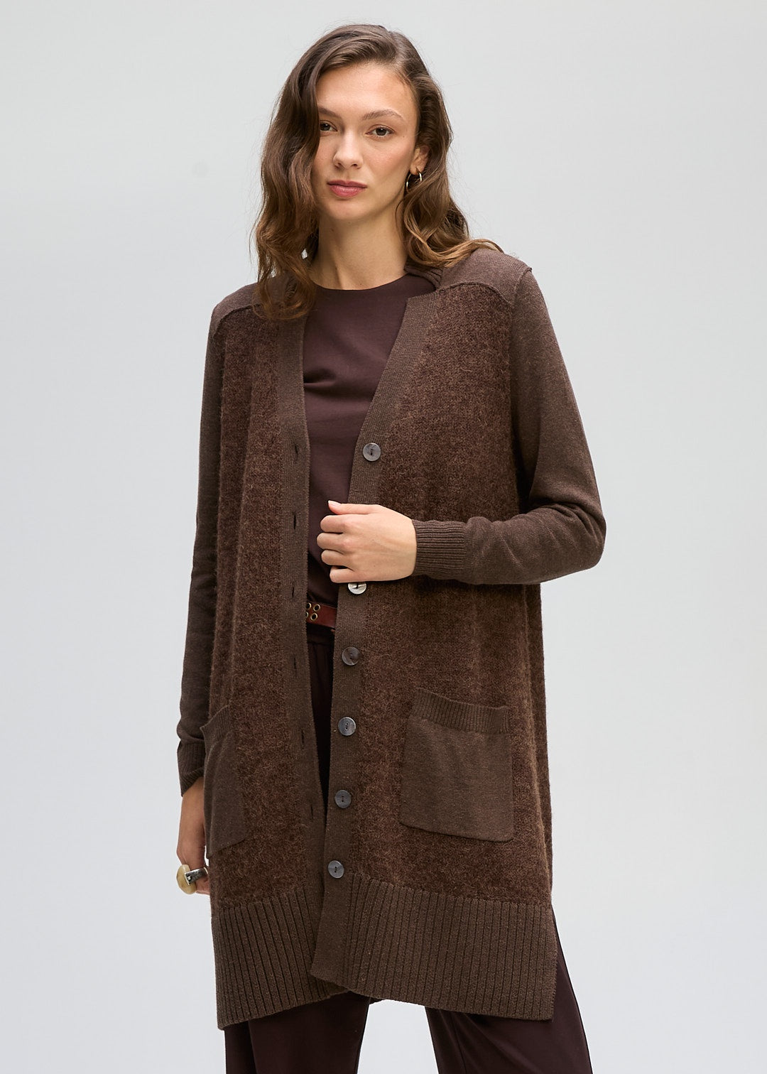 LD & Co Fluffy Detail Cardi in Cocoa