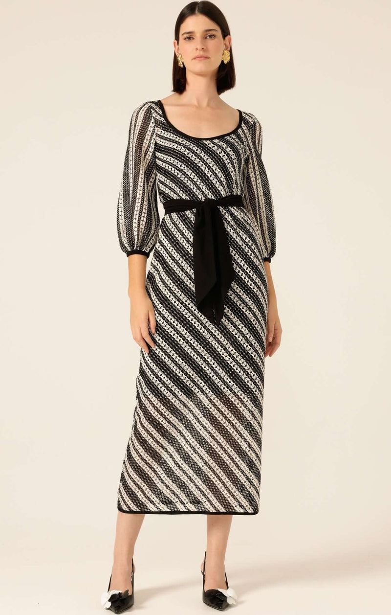 Sacha Drake Lattice Bridge Dress in Black Cream Stripe Knit