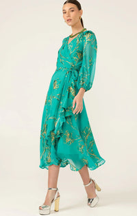 Sacha Drake LORELEI Wrap Midi Dress in Jade Gold Floral