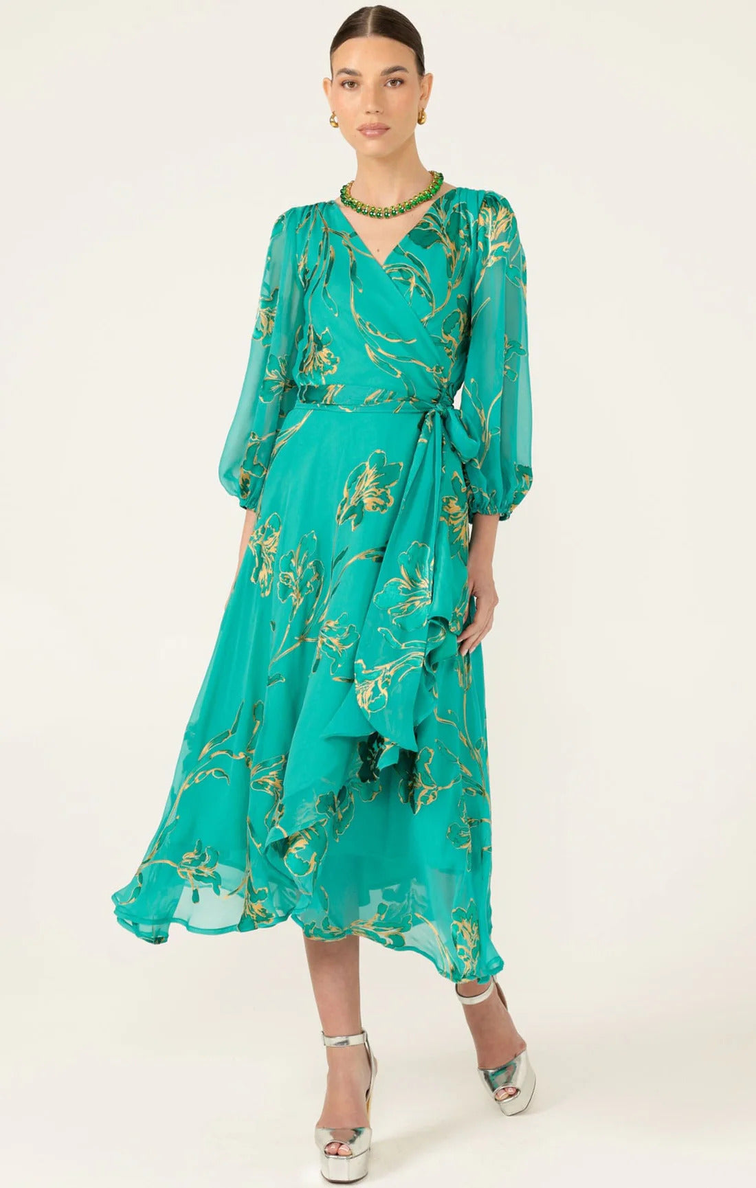 Sacha Drake LORELEI Wrap Midi Dress in Jade Gold Floral