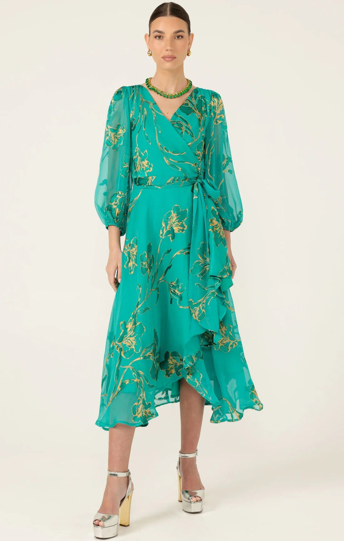 Sacha Drake LORELEI Wrap Midi Dress in Jade Gold Floral