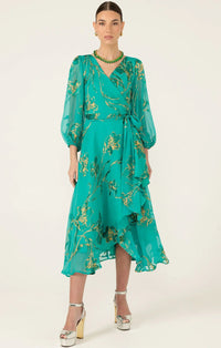 Sacha Drake LORELEI Wrap Midi Dress in Jade Gold Floral