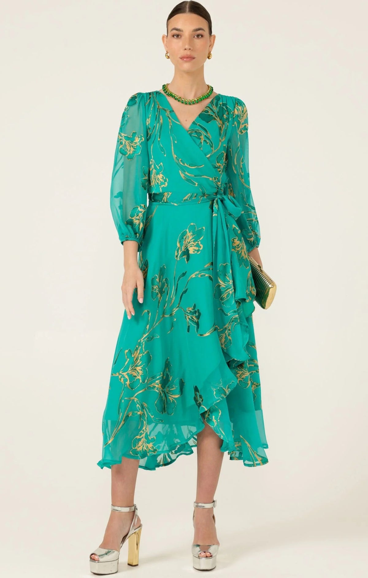 Sacha Drake LORELEI Wrap Midi Dress in Jade Gold Floral