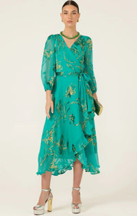 Sacha Drake LORELEI Wrap Midi Dress in Jade Gold Floral