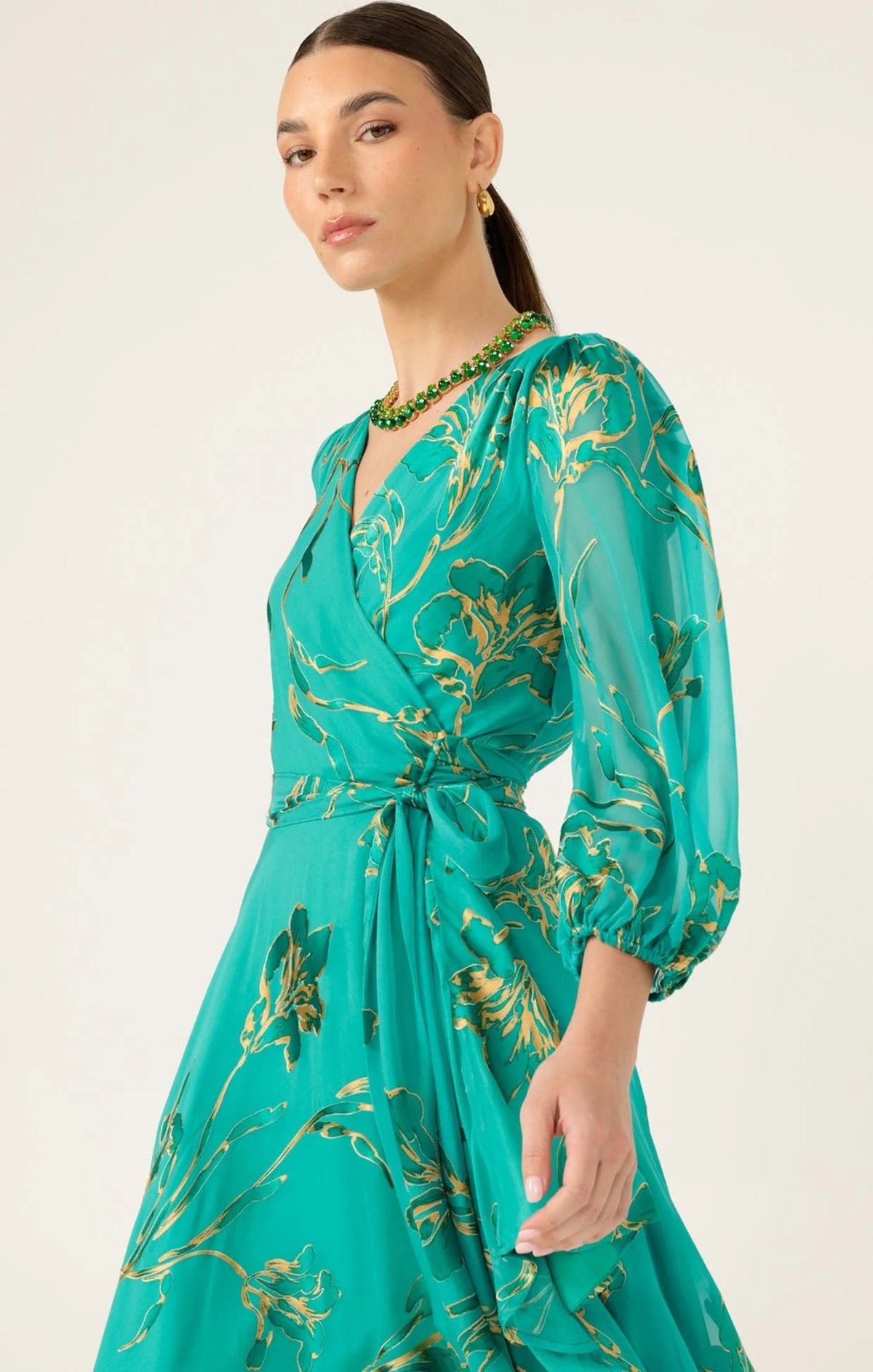 Sacha Drake LORELEI Wrap Midi Dress in Jade Gold Floral