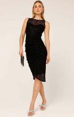 Sacha Drake Sweethearts Ruched Cocktail Dress in Black Sequin Mesh
