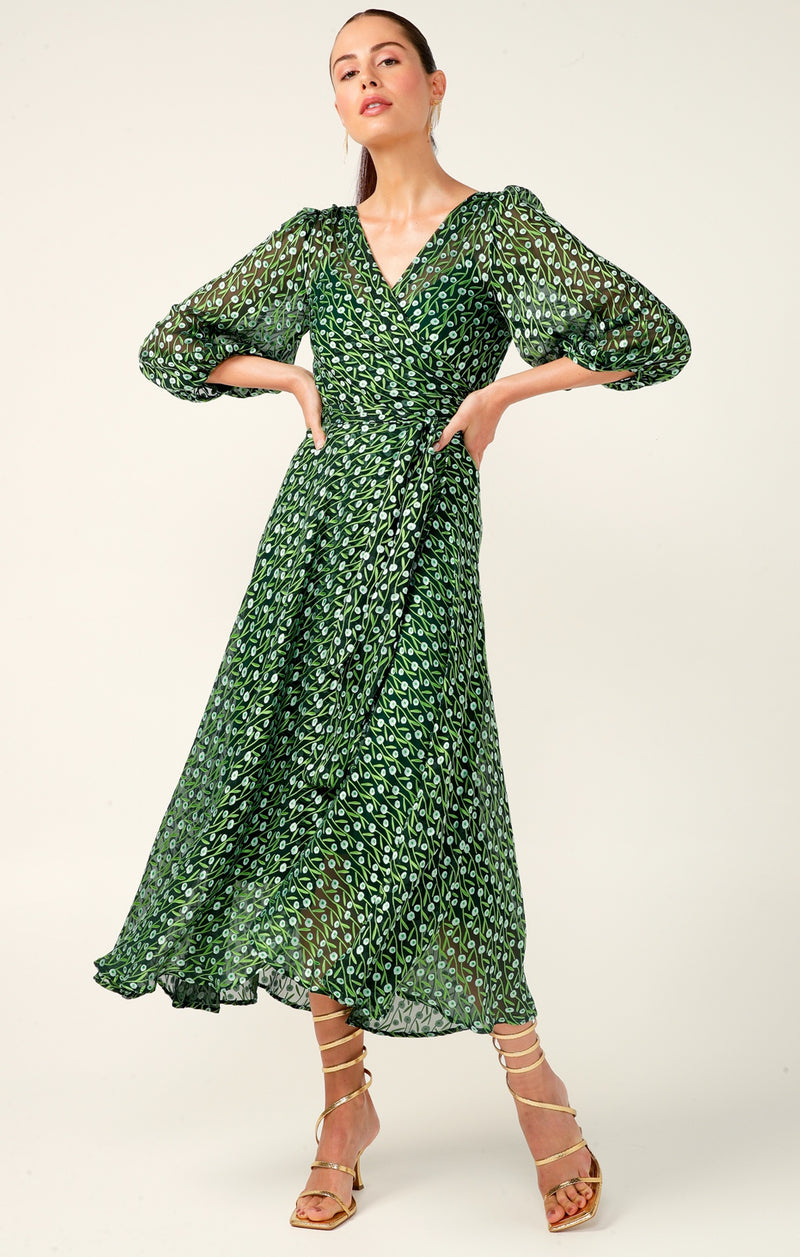 Sacha Drake Wonderland Wrap Midi in Emerald Poppy