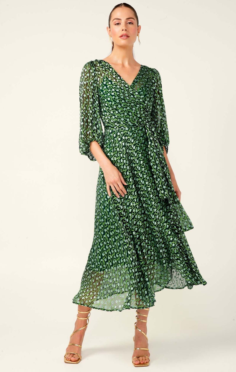 Sacha Drake Wonderland Wrap Midi in Emerald Poppy