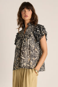 Fate + Becker LARA Frill Top in Black Floral Animal