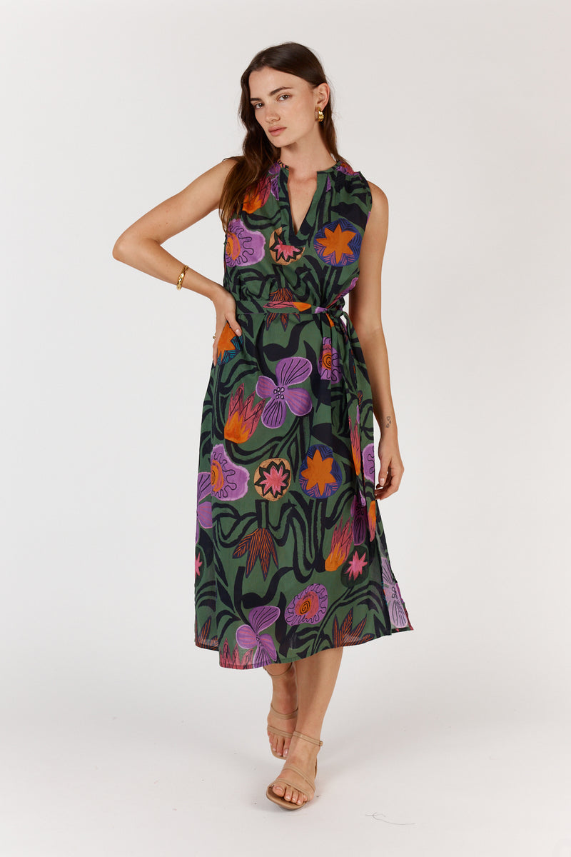 Itami Machala S/Less Dress in Moss Flora