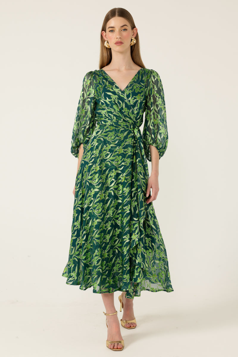 Sacha Drake ORCHID Wrap Dress in Emerald Botanical