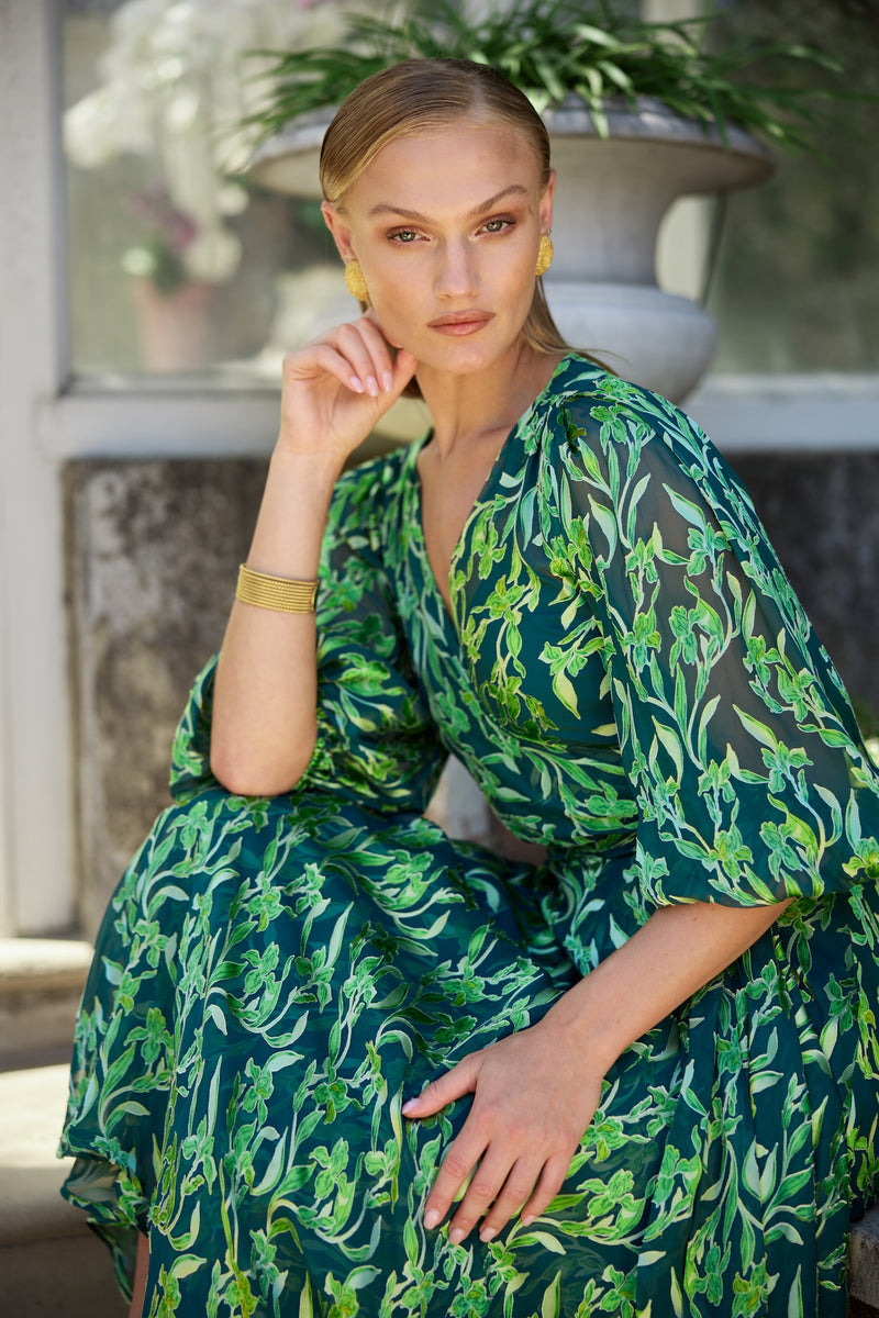 Sacha Drake Orchid Wrap Dress in Emerald Botanical