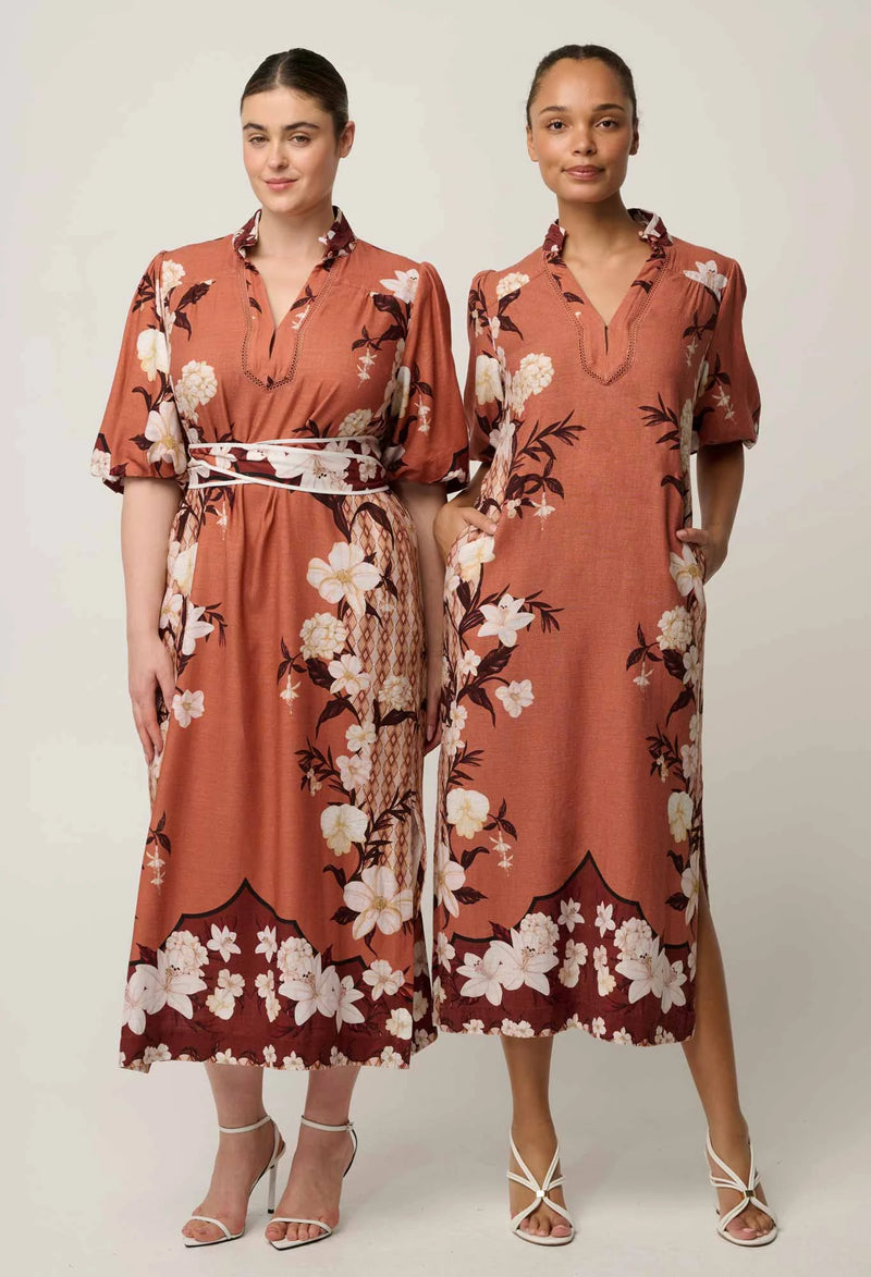 Once Was GISELA Column Midi Dress in Amber Vine