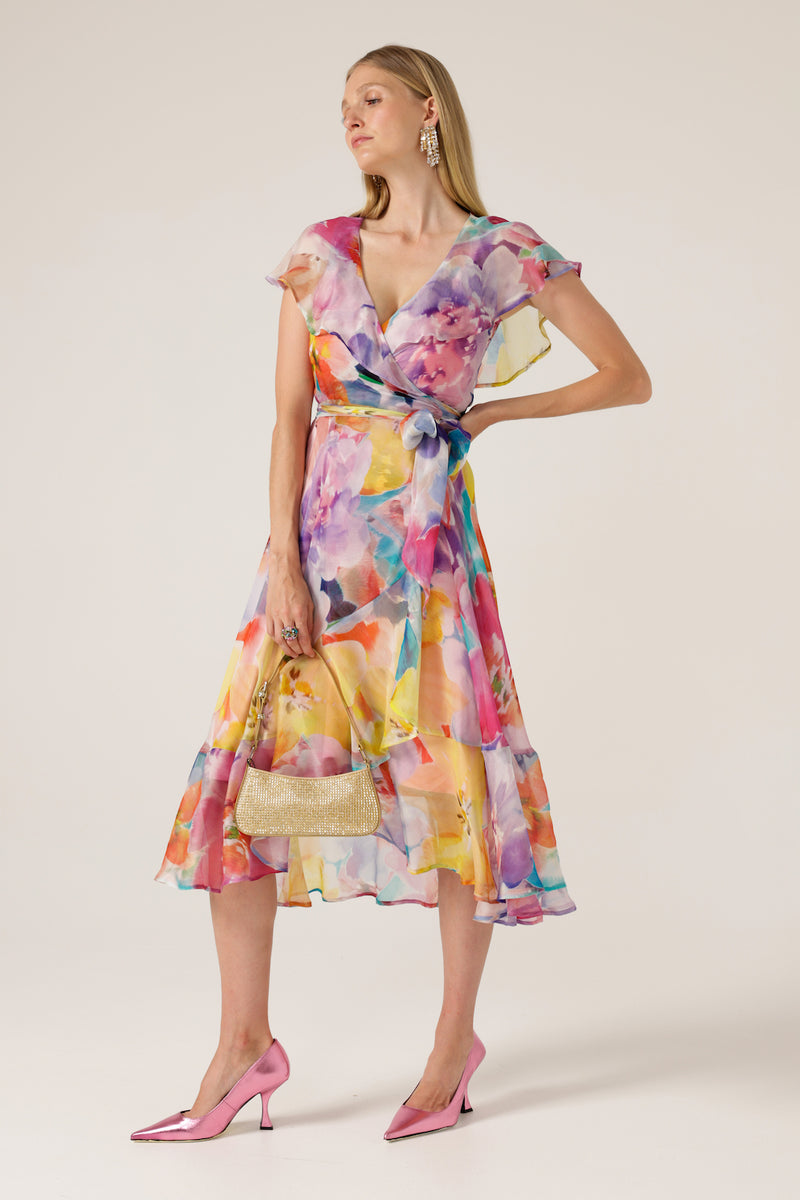 Sacha Drake Pajaritos Wrap Dress in Bright Abstract Floral