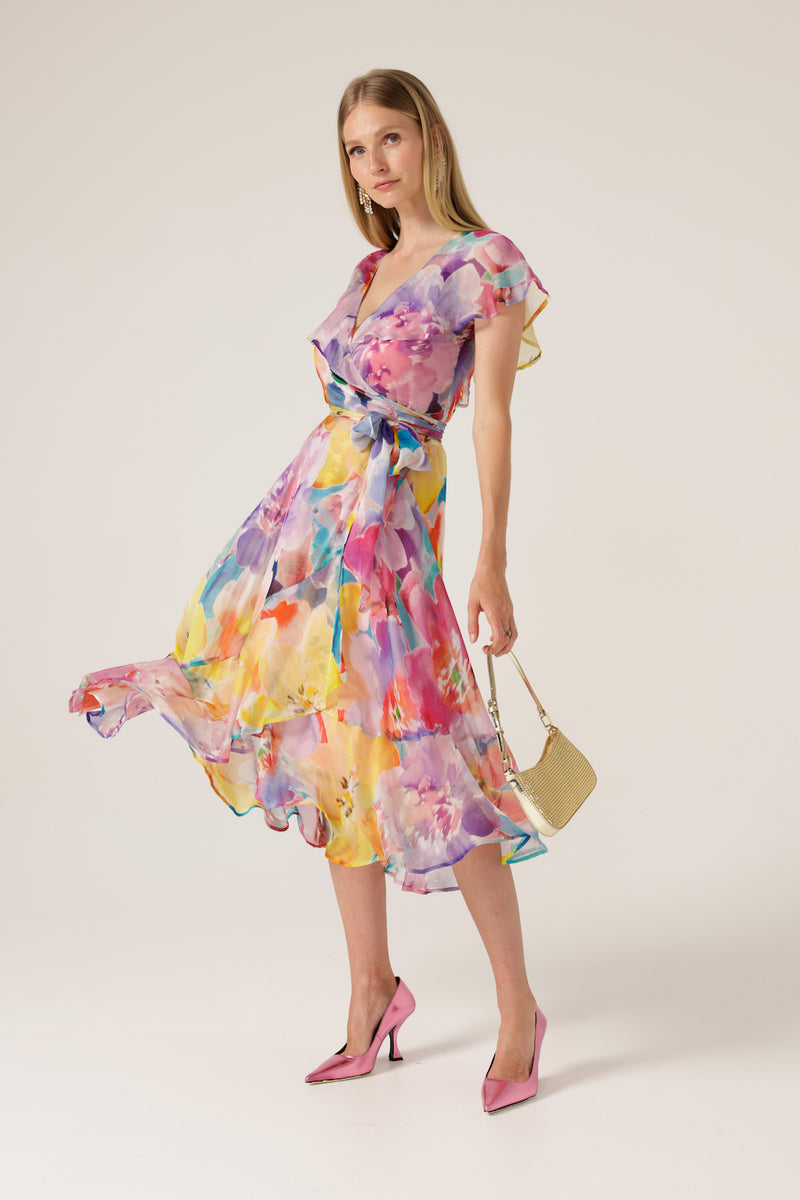 Sacha Drake Pajaritos Wrap Dress in Bright Abstract Floral