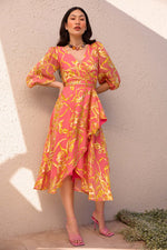 Sacha Drake Peach Faced Wrap Dress in Peach Gold Flower