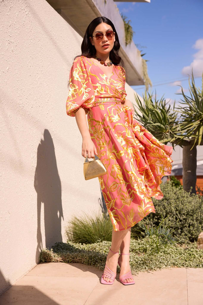 Sacha Drake Peach Faced Wrap Dress in Peach Gold Flower