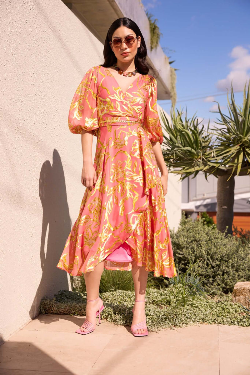 Sacha Drake Peach Faced Wrap Dress in Peach Gold Flower