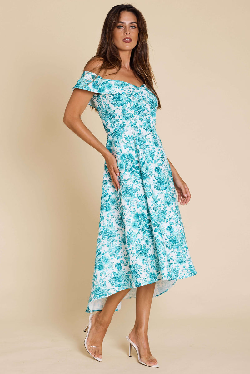 Romance Winona High Low Dress in Green Floral on White