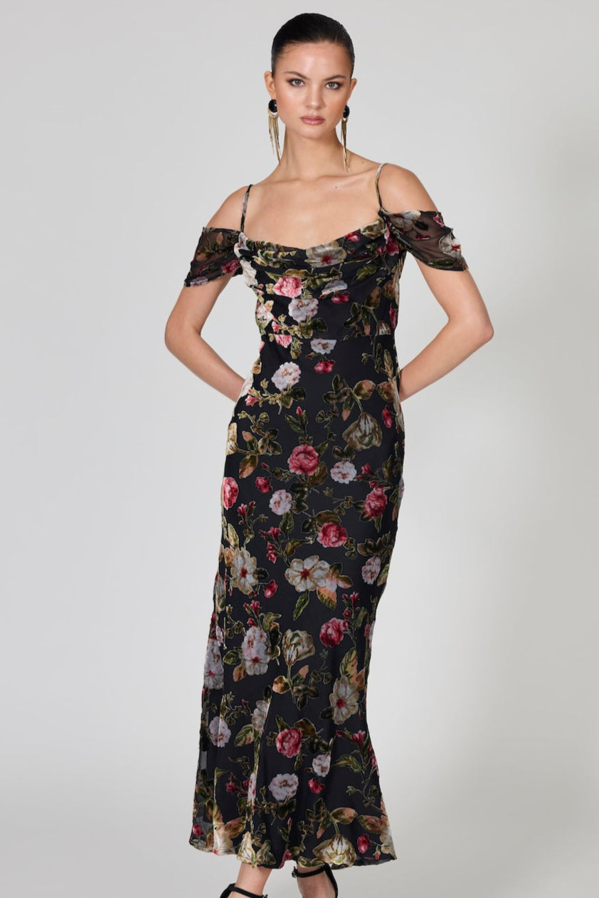 Romance Machessa Draped Sleeve Dress in Black Rose