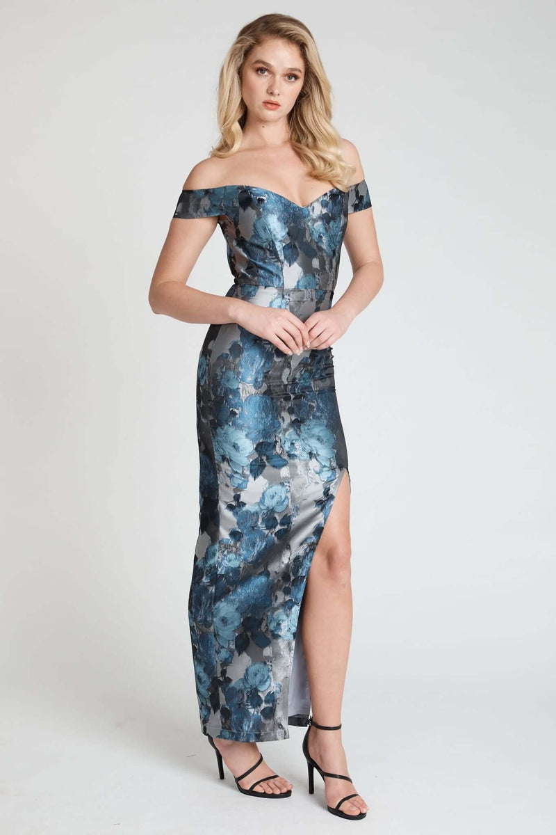 Romance Vaelrie Off The Shoulder Maxi in Silver Blue