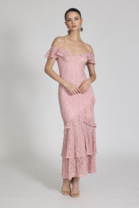 Romance Trianna Off Shoulder Lace Gown in Soft Pink Lace