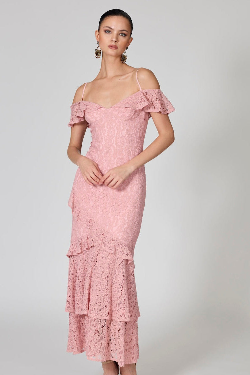 Romance Trianna Off Shoulder Lace Gown in Soft Pink Lace