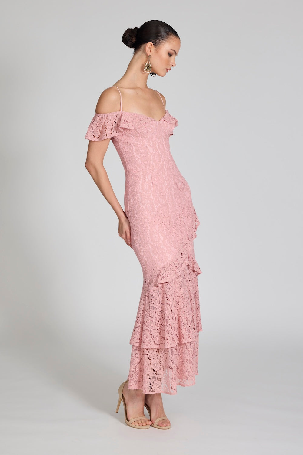Romance Trianna Off Shoulder Lace Gown in Soft Pink Lace