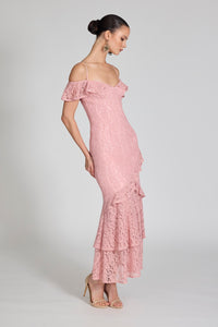 Romance Trianna Off Shoulder Lace Gown in Soft Pink Lace