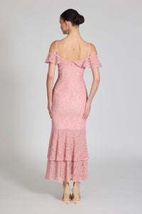 Romance Trianna Off Shoulder Lace Gown in Soft Pink Lace
