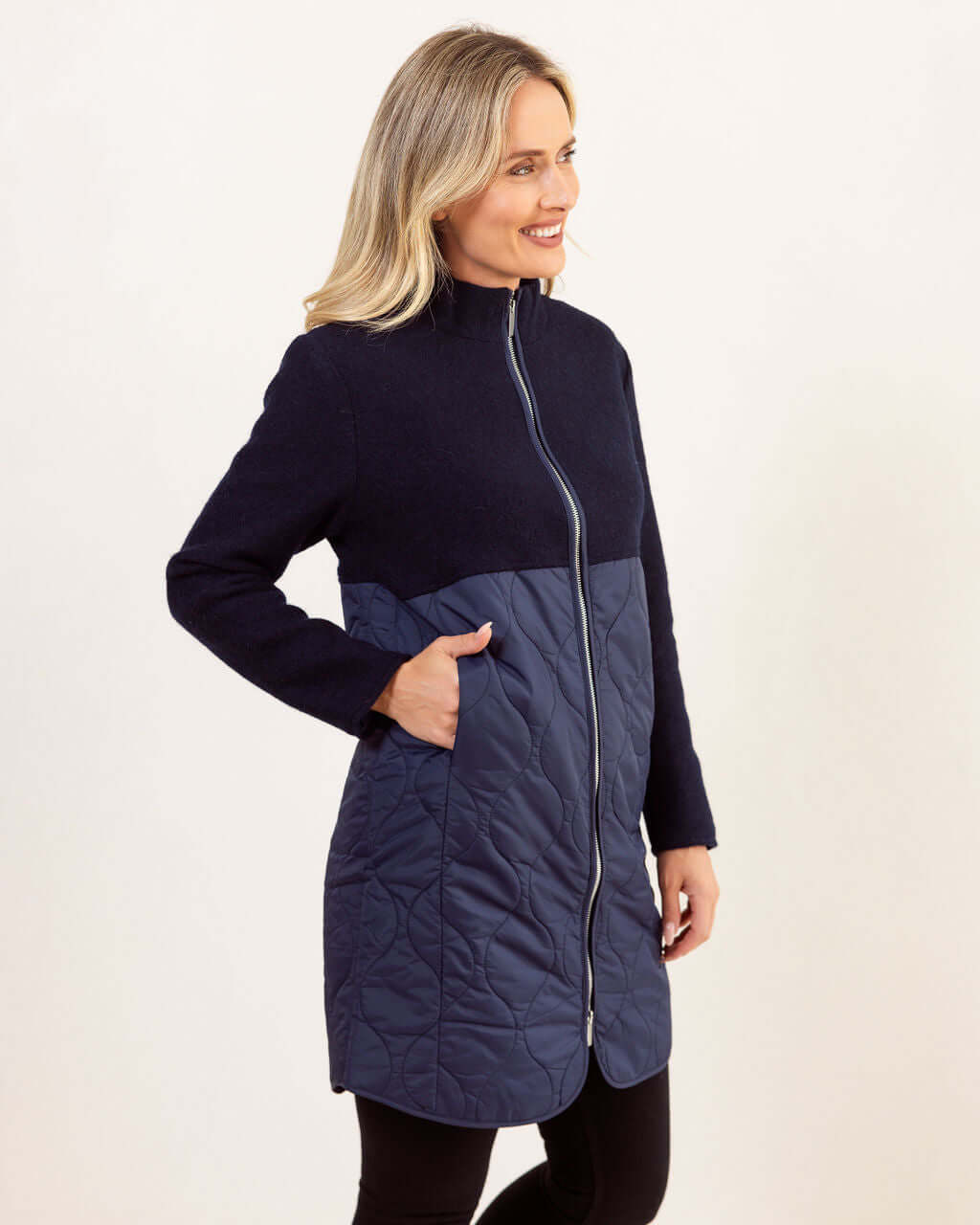 See Saw Boiled Wool Quilted Coat in Navy