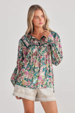 Talisman Drifter Top in Green Rose Garden