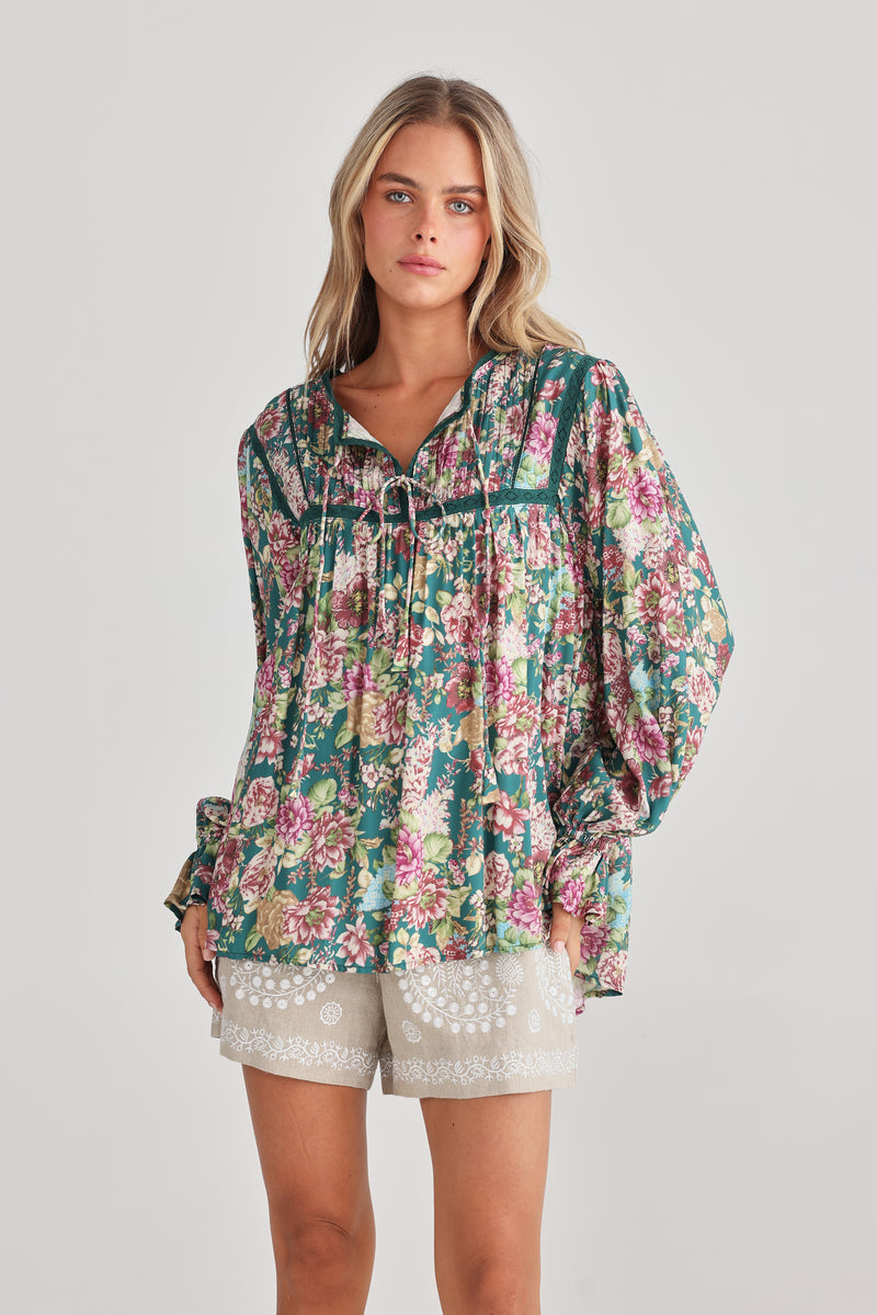 Talisman Drifter Top in Green Rose Garden