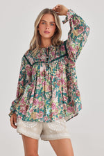 Talisman Drifter Top in Green Rose Garden