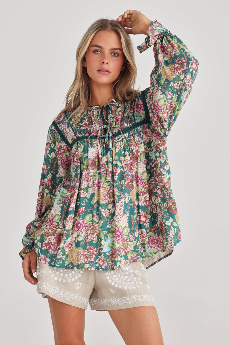 Talisman Drifter Top in Green Rose Garden