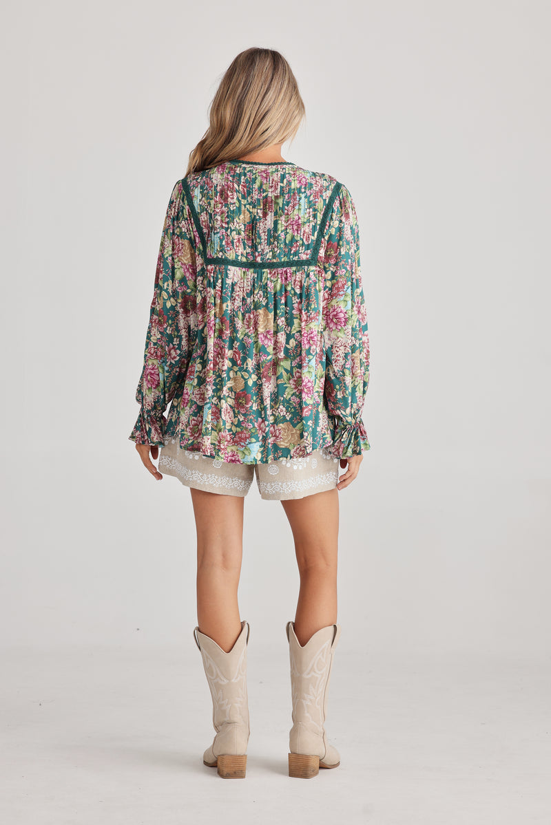 Talisman Drifter Top in Green Rose Garden