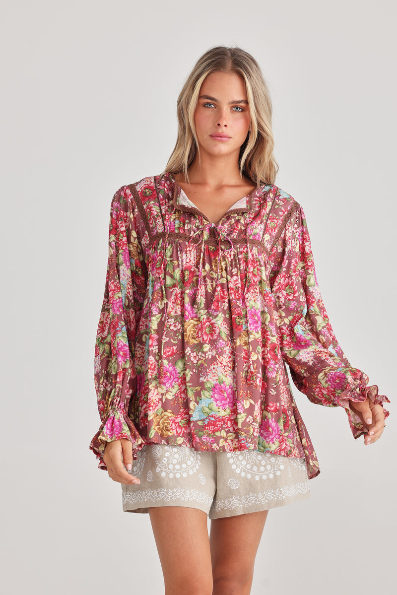 Talisman Drifter Top in Tan Rose Garden