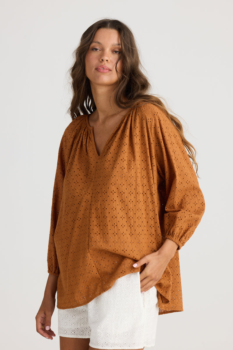 Talisman Isla Blouse in Tan Broderie