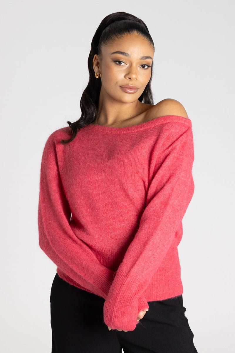 Two-T's Off Shoulder Fluffy Knit in Raspberry