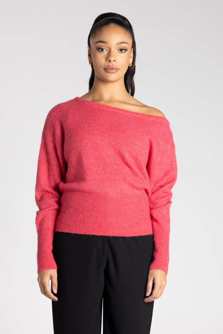 Two-T's Off Shoulder Fluffy Knit in Raspberry